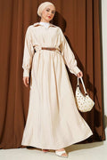 Belted, Darted, Flared Dress, Beige