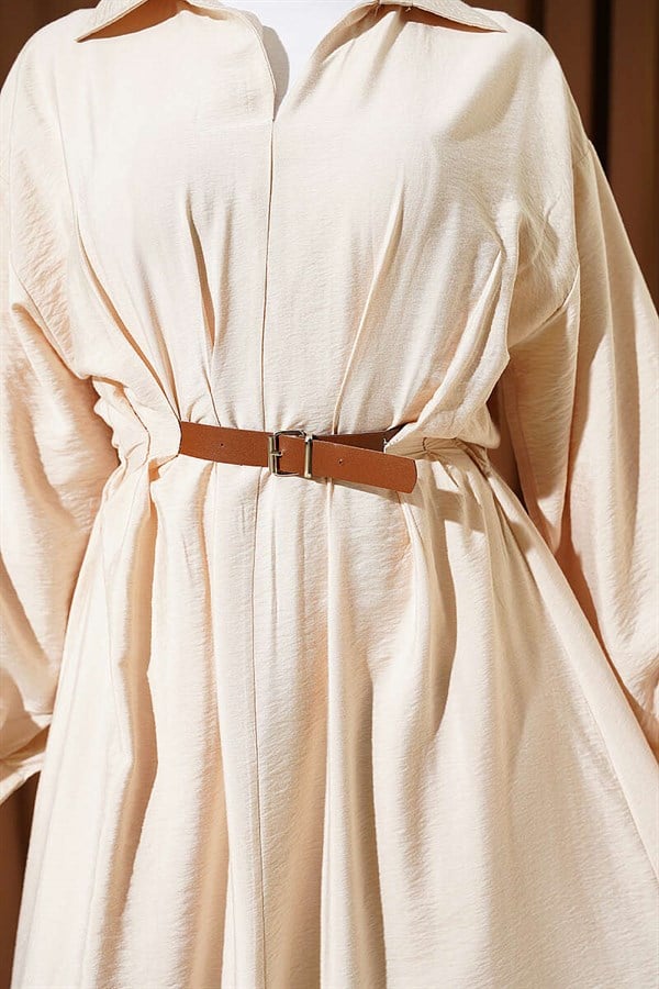 Belted, Darted, Flared Dress, Beige