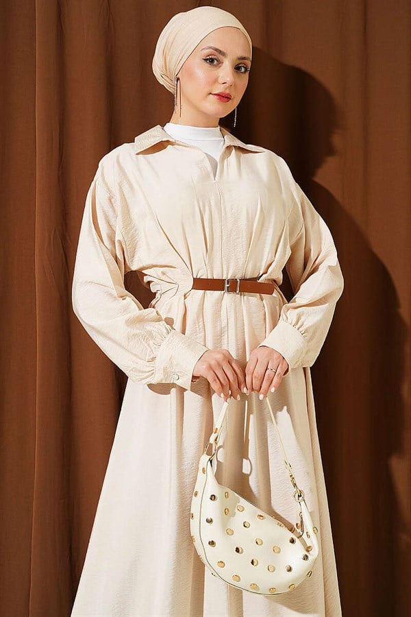 Belted, Darted, Flared Dress, Beige