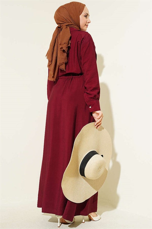 Burgundy Flared Dress with Belt Detail and Darts