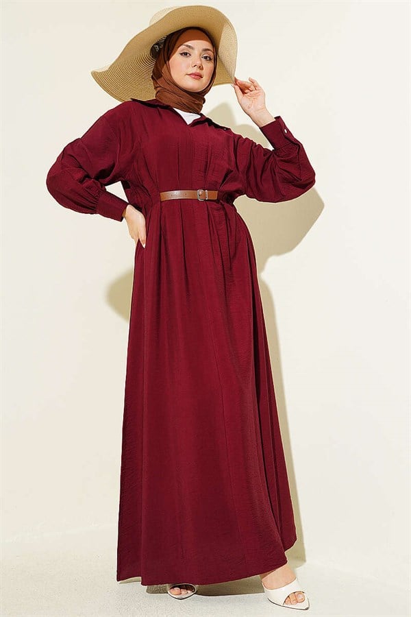 Burgundy Flared Dress with Belt Detail and Darts