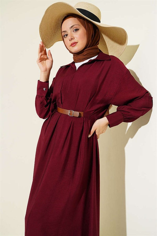 Burgundy Flared Dress with Belt Detail and Darts