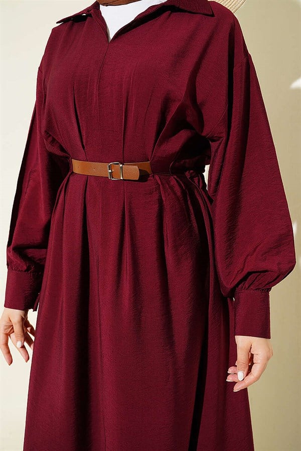 Burgundy Flared Dress with Belt Detail and Darts