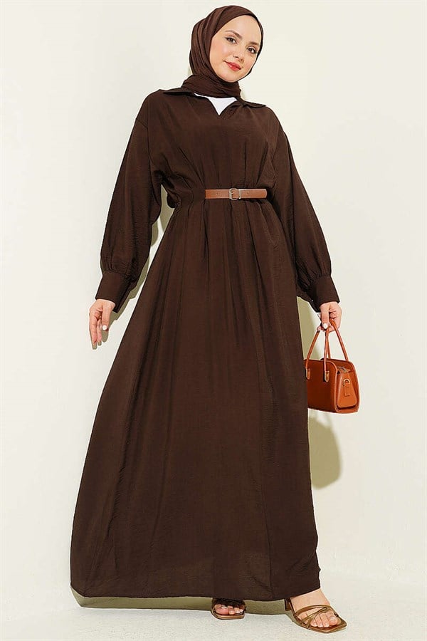 Belted Darted Flared Dress in Brown