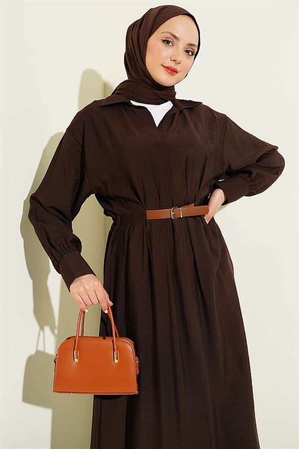 Belted Darted Flared Dress in Brown
