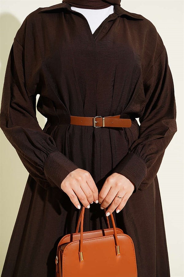 Belted Darted Flared Dress in Brown