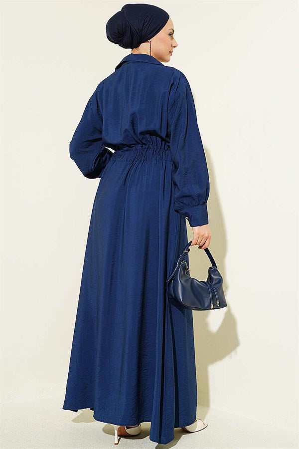 Navy Blue Flared Dress with Belt Detail and Darts