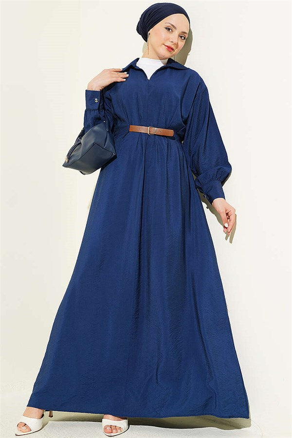Navy Blue Flared Dress with Belt Detail and Darts