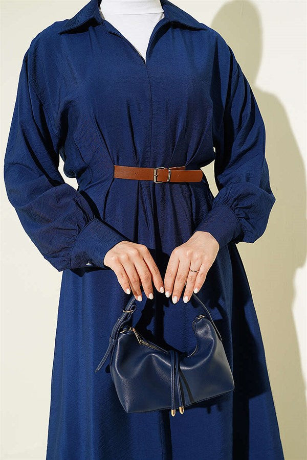 Navy Blue Flared Dress with Belt Detail and Darts