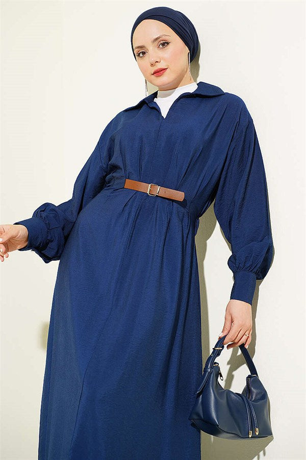 Navy Blue Flared Dress with Belt Detail and Darts