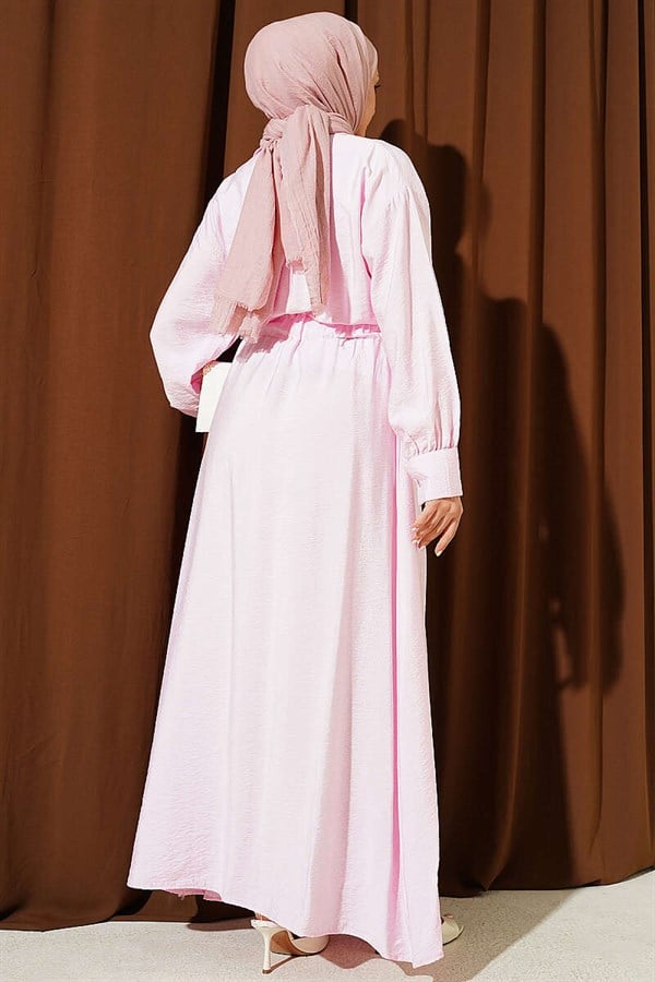 Pink Flared Dress with Belt Detail and Darts