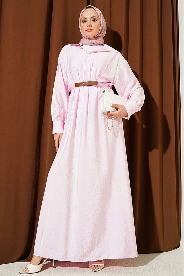 Pink Flared Dress with Belt Detail and Darts