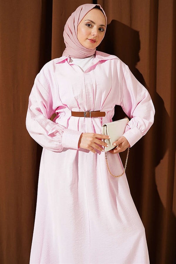 Pink Flared Dress with Belt Detail and Darts