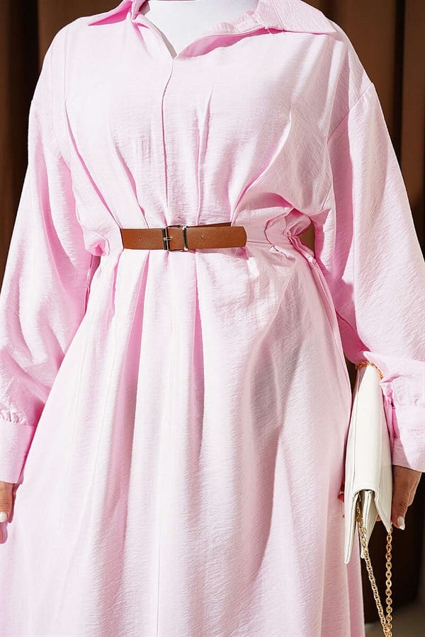 Pink Flared Dress with Belt Detail and Darts