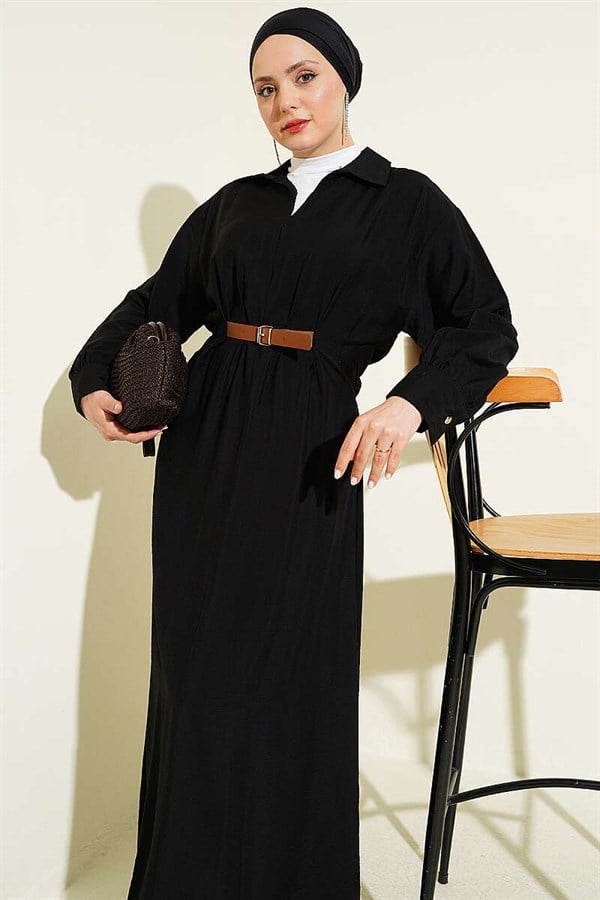 Black Flared Dress with Belt Detail and Darts