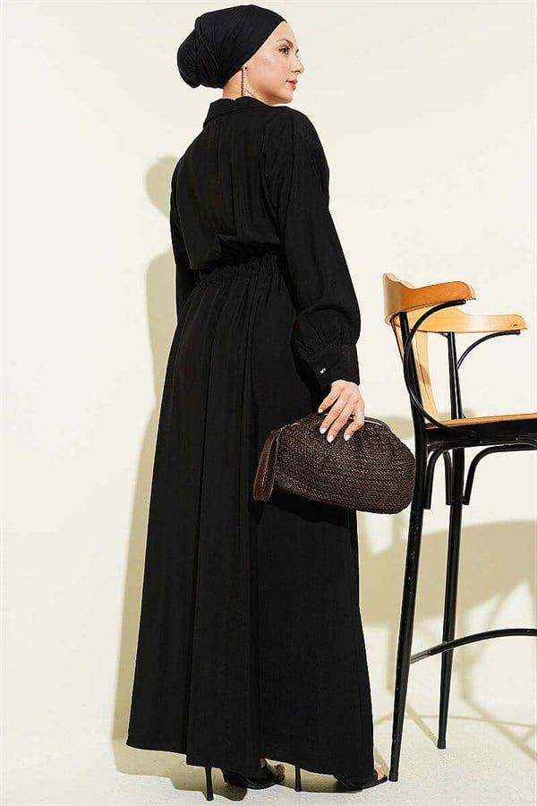 Black Flared Dress with Belt Detail and Darts