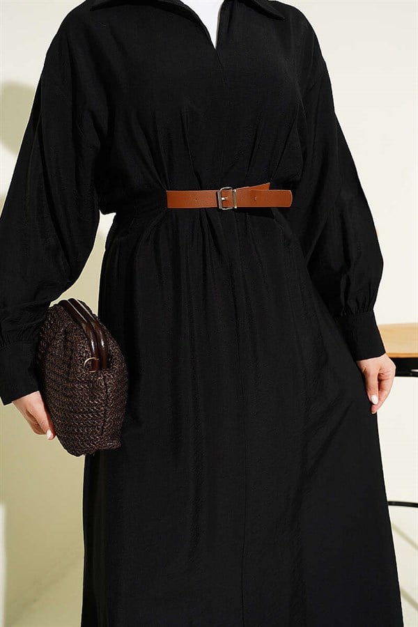 Black Flared Dress with Belt Detail and Darts