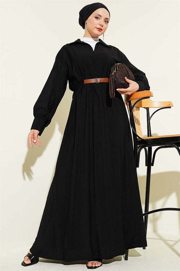 Black Flared Dress with Belt Detail and Darts