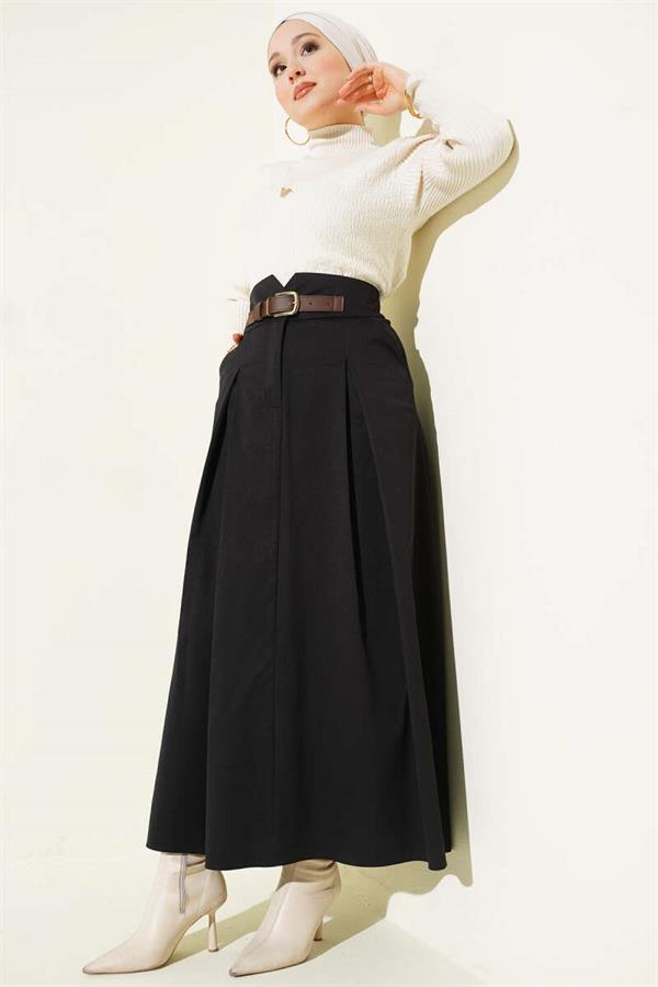 Black Skirt with Buckle and Button Closure