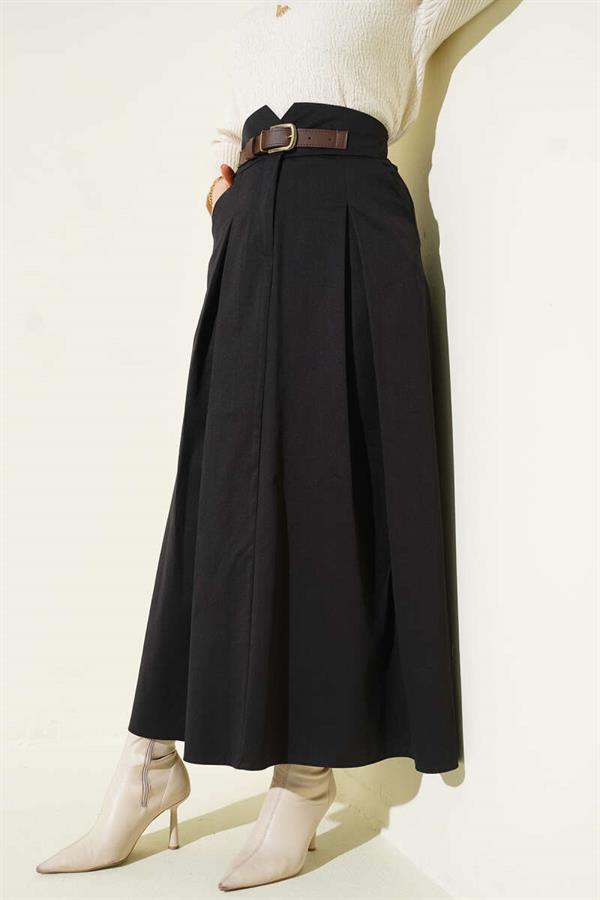 Black Skirt with Buckle and Button Closure