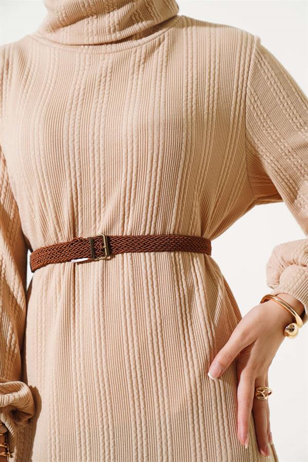 Belted Turtleneck Dress Biscuit