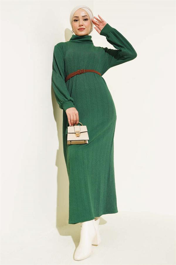 Belted Turtleneck Dress Green