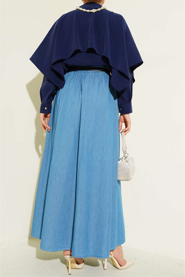 Belted, Elastic Waist Flared Skirt, Light Blue