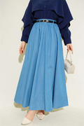 Belted, Elastic Waist Flared Skirt, Light Blue