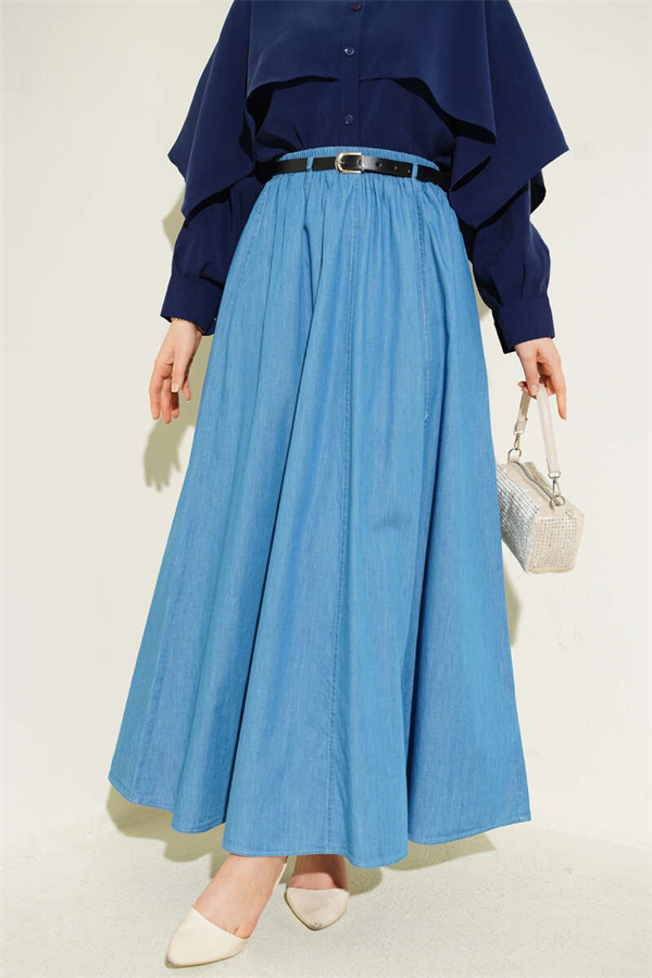 Belted, Elastic Waist Flared Skirt, Light Blue