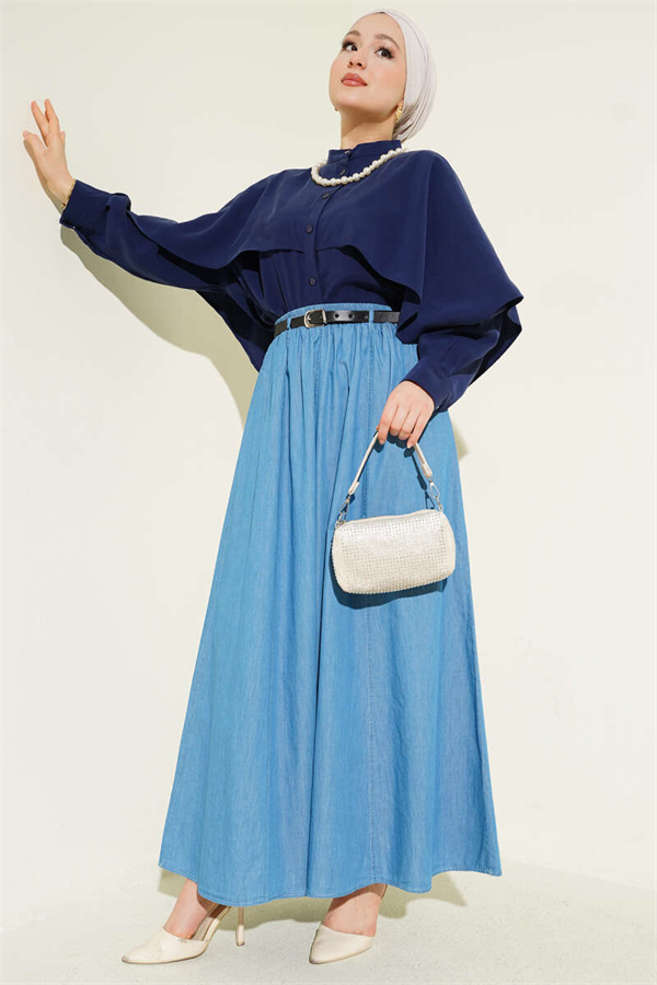 Belted, Elastic Waist Flared Skirt, Light Blue
