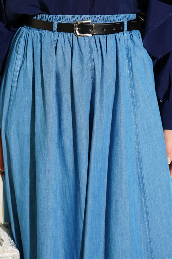 Belted, Elastic Waist Flared Skirt, Light Blue