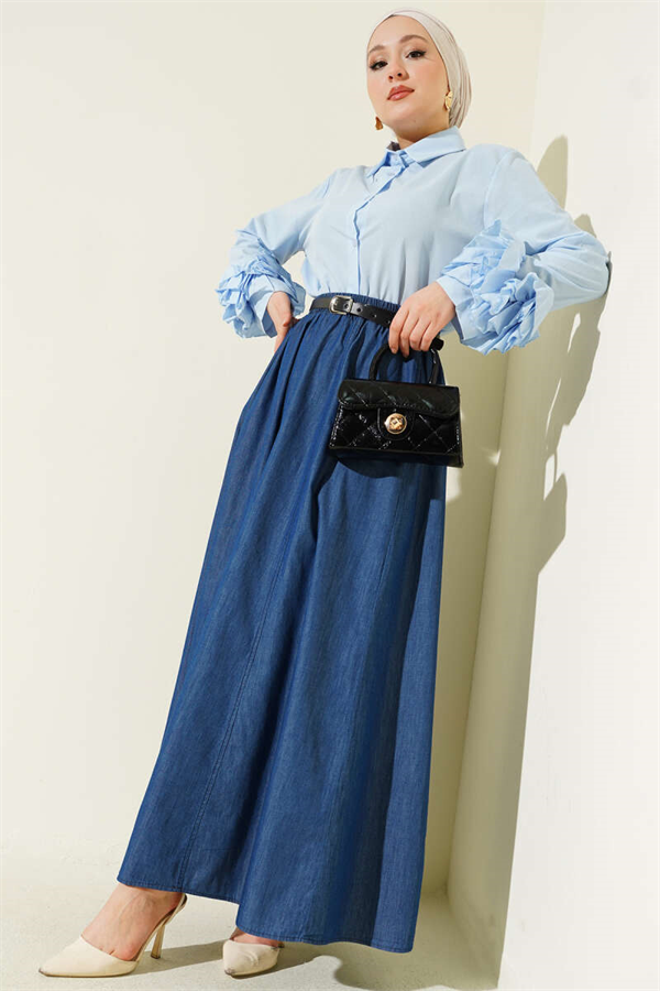 Navy Blue Flared Skirt with Belt and Elastic Waistband