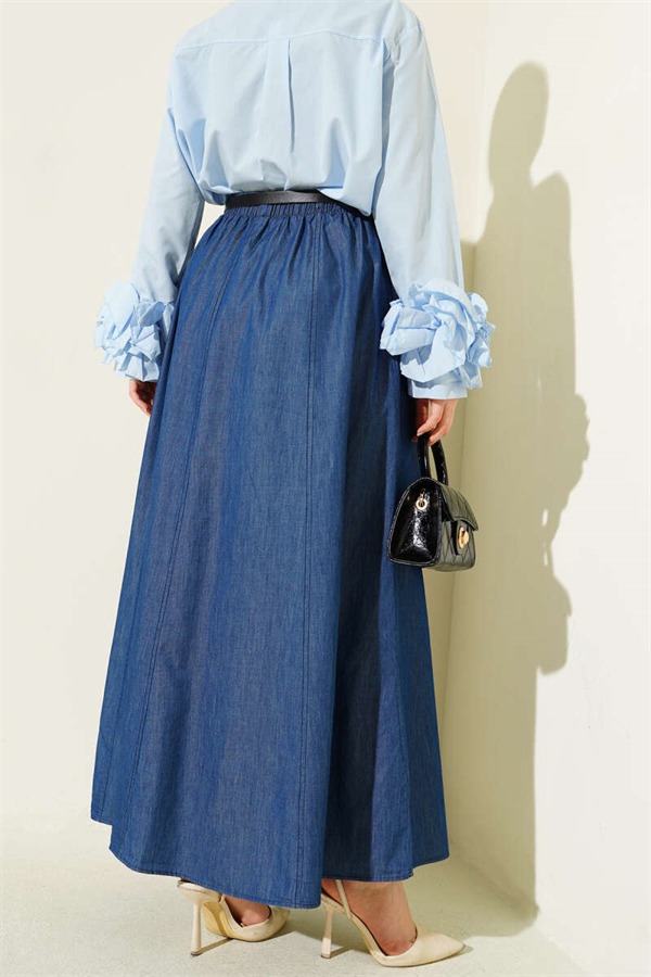 Navy Blue Flared Skirt with Belt and Elastic Waistband