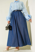 Navy Blue Flared Skirt with Belt and Elastic Waistband