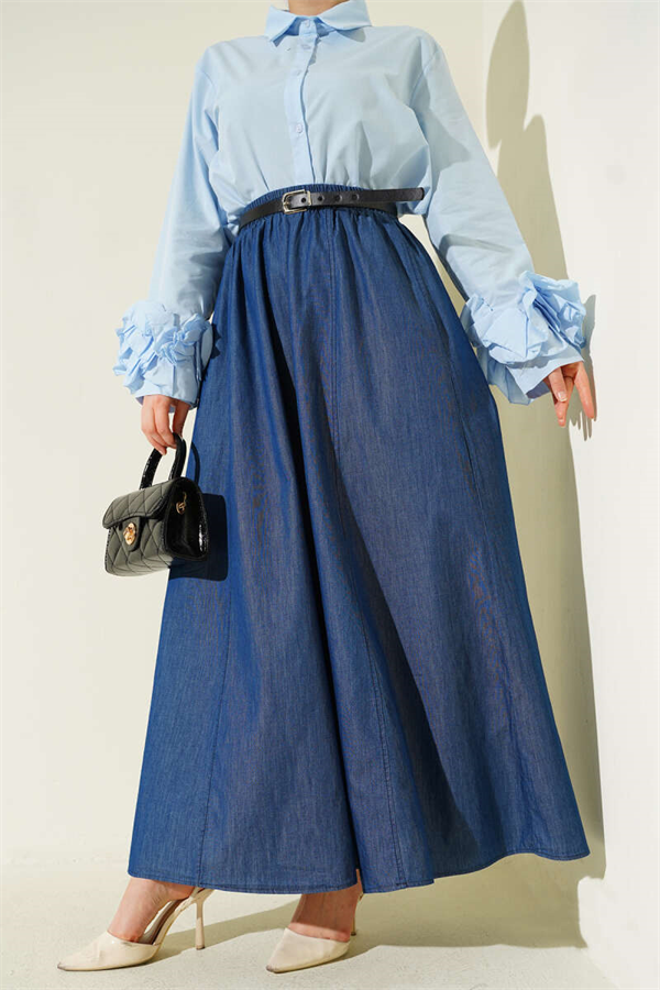 Navy Blue Flared Skirt with Belt and Elastic Waistband