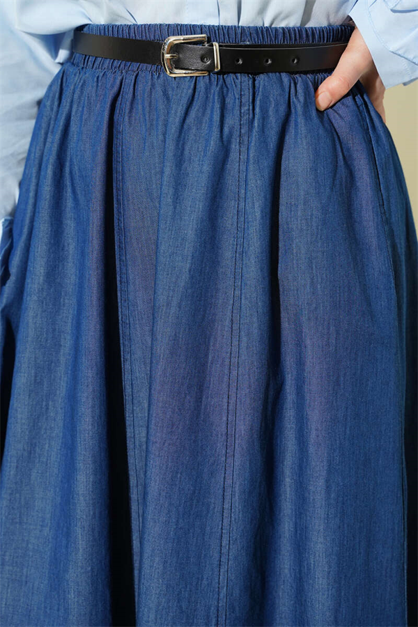Navy Blue Flared Skirt with Belt and Elastic Waistband