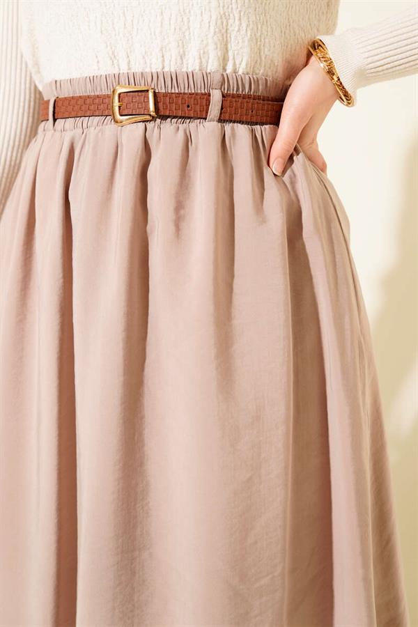 Tencel Skirt with Belt and Elastic Waistband, Beige