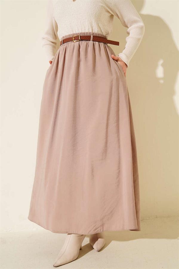 Tencel Skirt with Belt and Elastic Waistband, Beige
