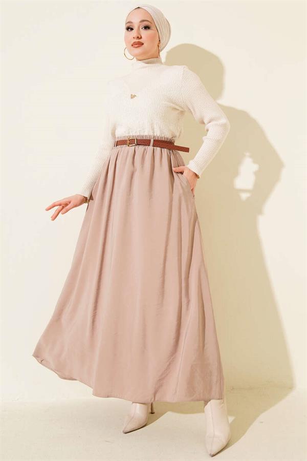 Tencel Skirt with Belt and Elastic Waistband, Beige