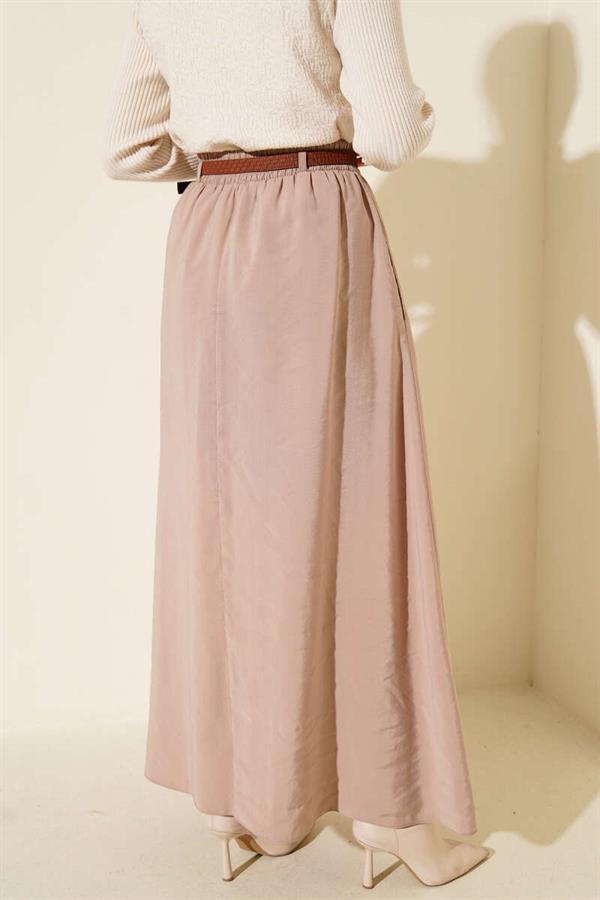 Tencel Skirt with Belt and Elastic Waistband, Beige