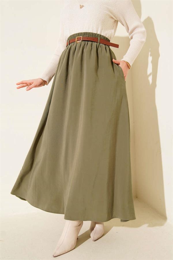 Tencel Skirt with Belted Waistband, Khaki