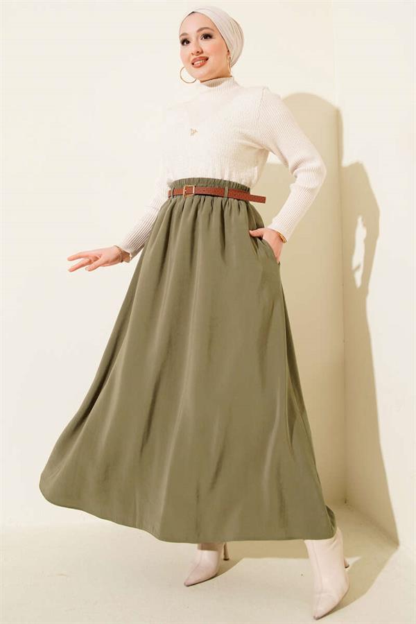 Tencel Skirt with Belted Waistband, Khaki