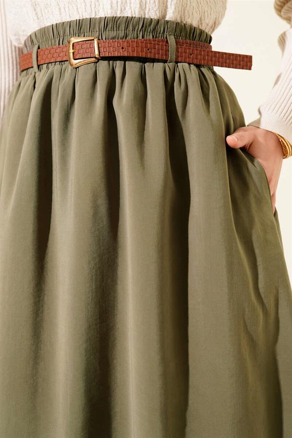 Tencel Skirt with Belted Waistband, Khaki