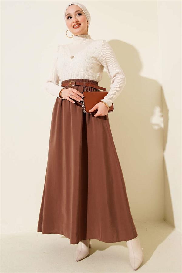Tencel Skirt with Elastic Waistband, Brown