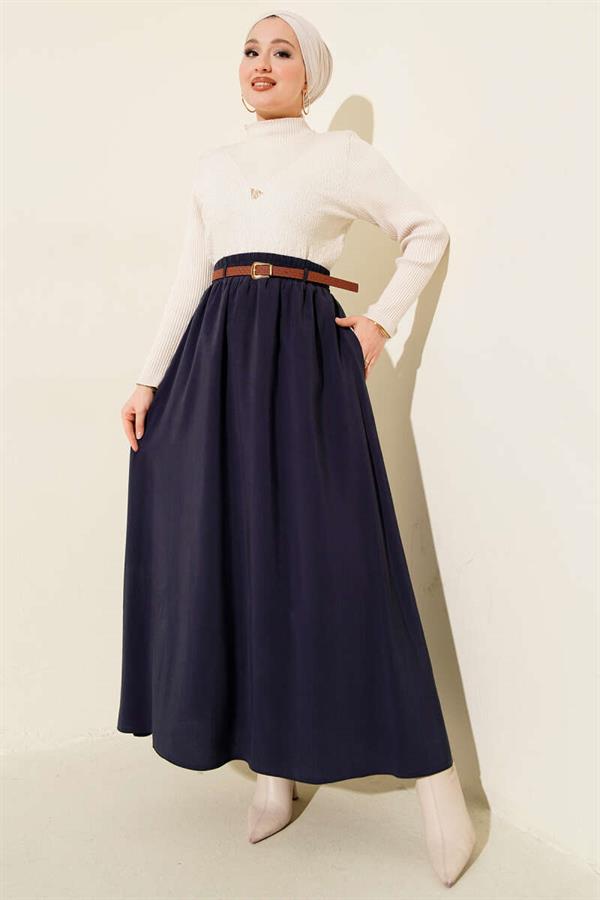 Tencel Skirt with Belt and Elastic Waistband, Navy Blue