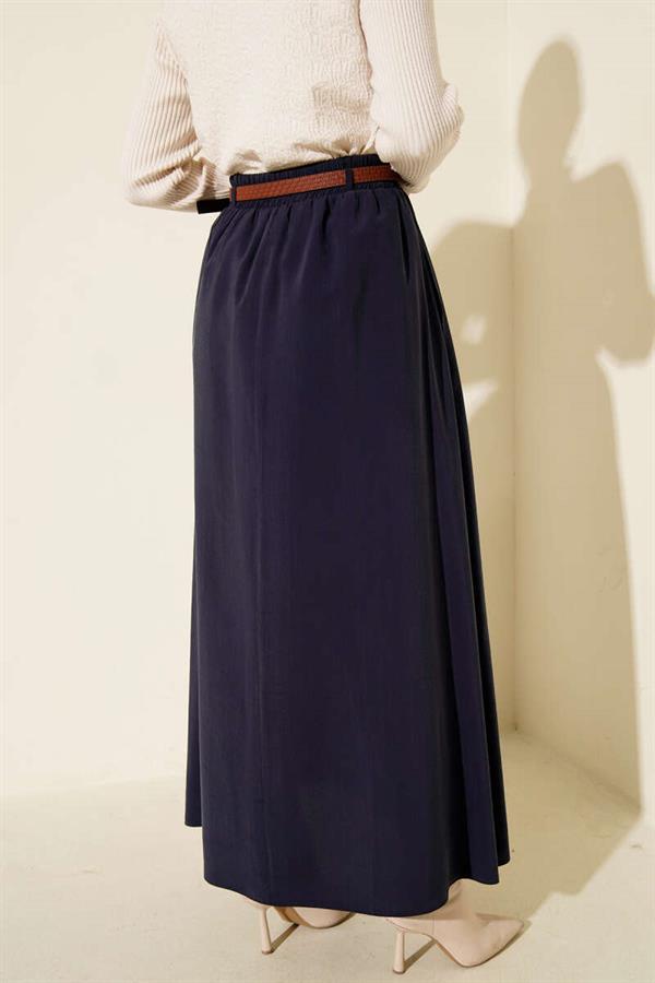 Tencel Skirt with Belt and Elastic Waistband, Navy Blue
