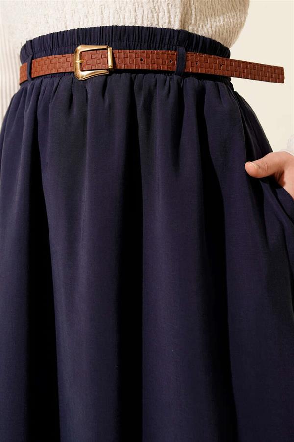 Tencel Skirt with Belt and Elastic Waistband, Navy Blue