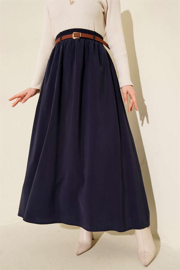 Tencel Skirt with Belt and Elastic Waistband, Navy Blue