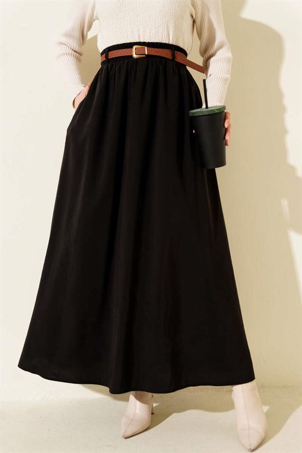Belted Elastic Waist Tencel Skirt Black