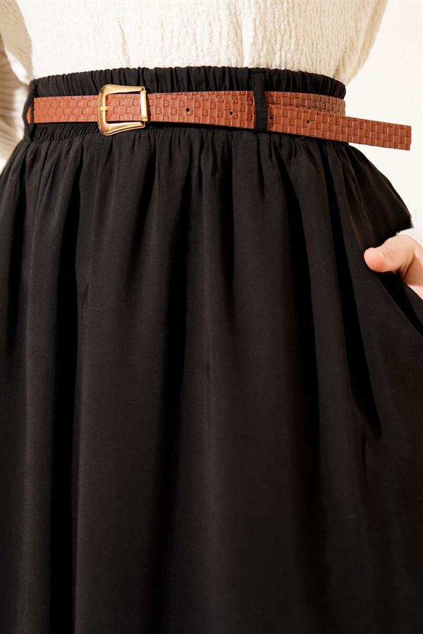 Belted Elastic Waist Tencel Skirt Black